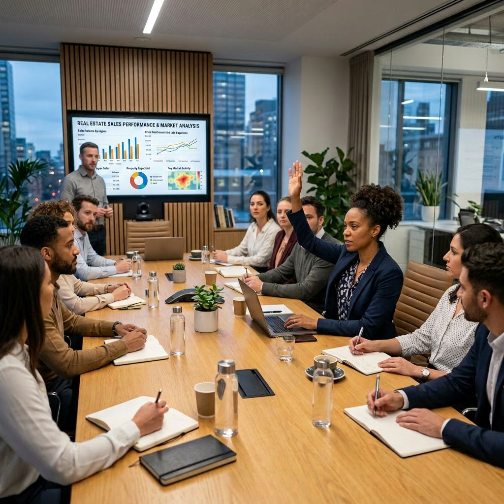 Diverse business team in conference room reviewing Q3 strategy and growth presentation