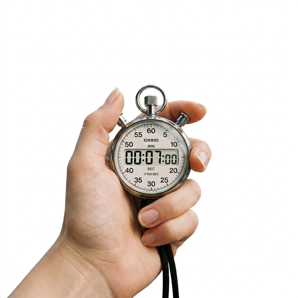 Hand holding a Casio stopwatch showing 7 minutes and 38 seconds during a track race