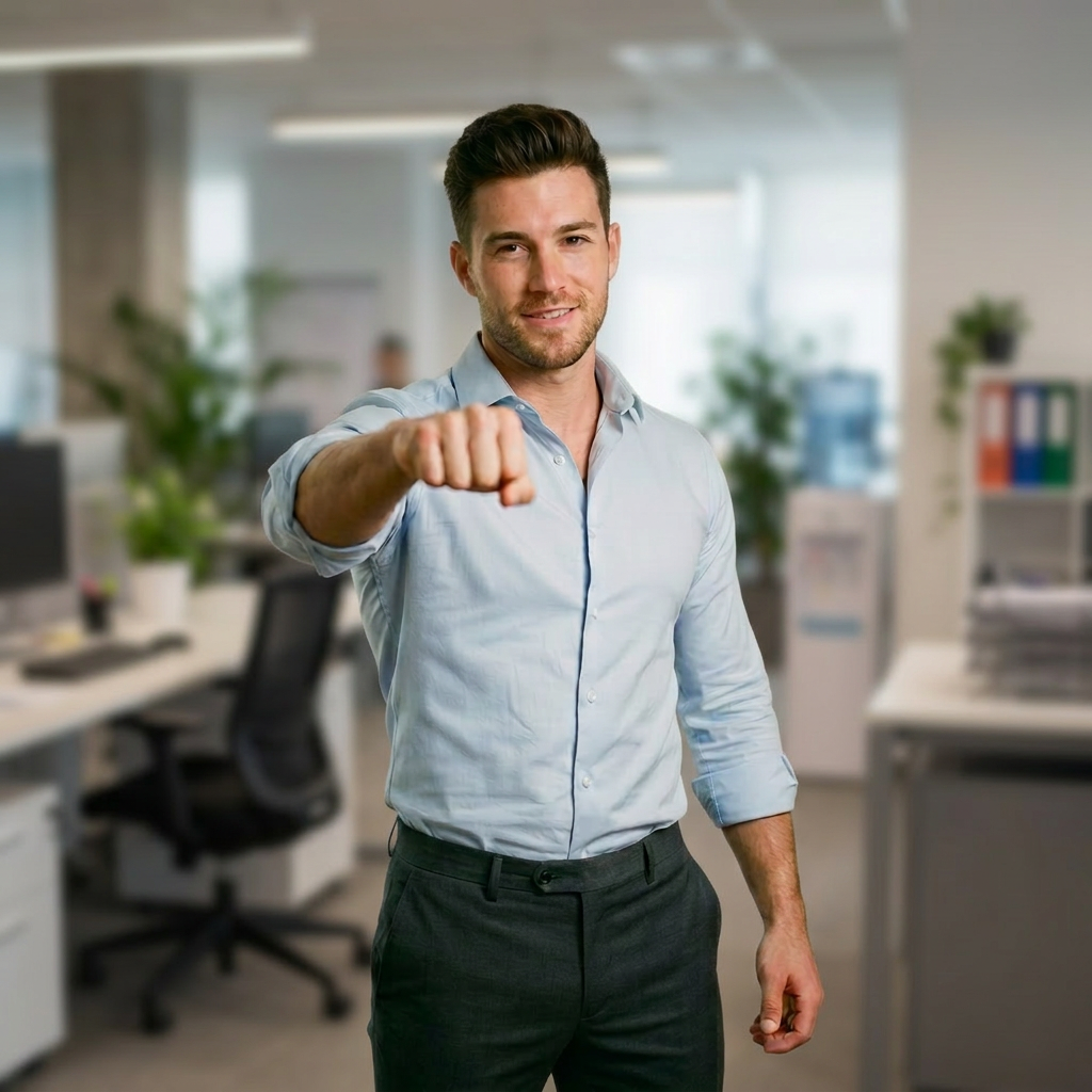 Young man in light blue shirt extending a fist forward in an office environment