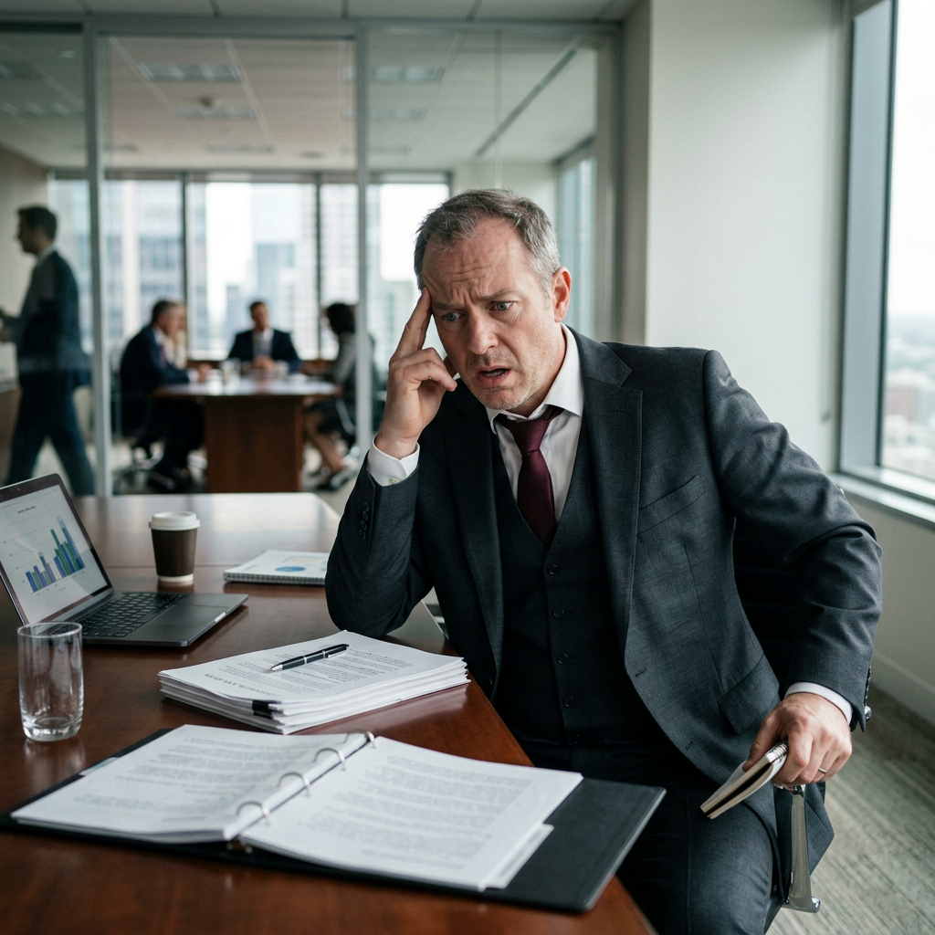 Professional suited man looking overwhelmed and indecisive