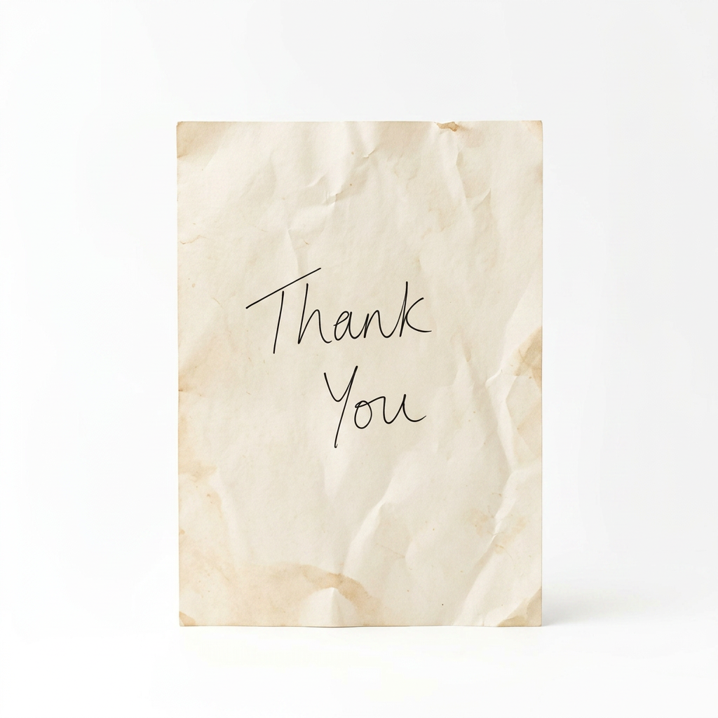 Handwritten 'Thank You' note on a piece of paper placed in front of a wine bottle on a wooden table in a restaurant