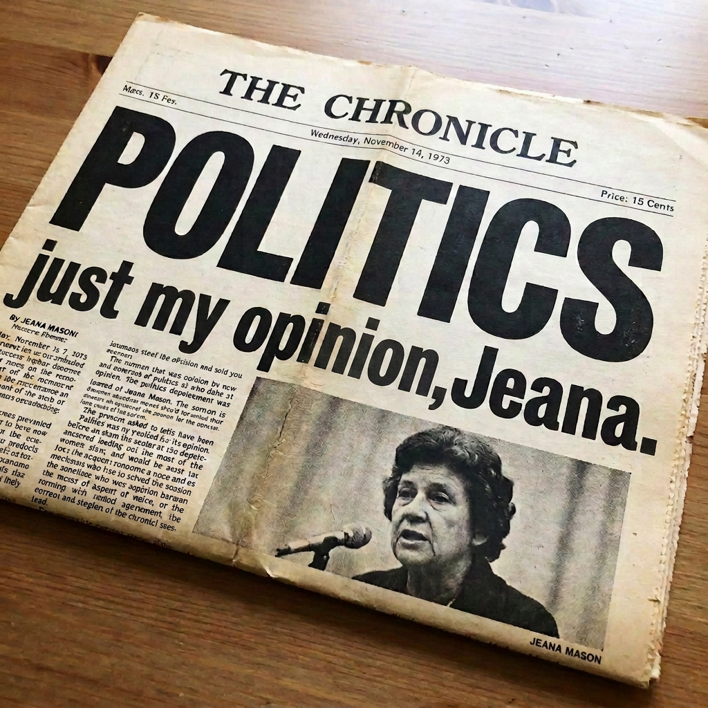 Newspaper titled The Chronicle with headline Politics, opinion by Jeana Mason and a black and white photo of a woman speaking into a microphone.