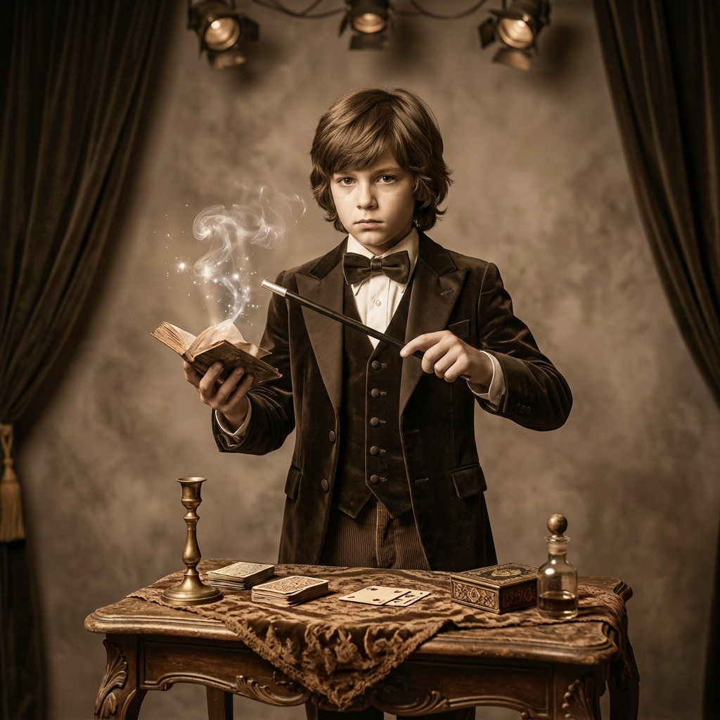 Victorian magician holding a smoking book and wand before an audience