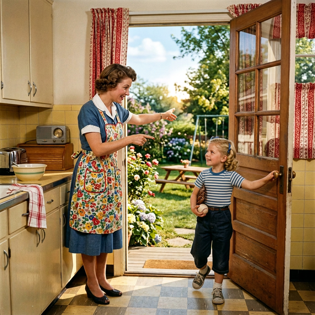 Woman welcoming boy carrying a baseball into a kitchen from the garden